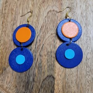 HAND CRAFTED Blue & Orange Wooden Dangle Earrings